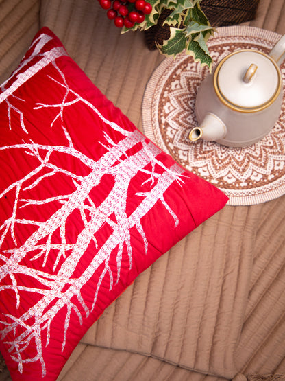 Red Velvet And White Embroidery &nbsp;Printed Square Cushion Cover