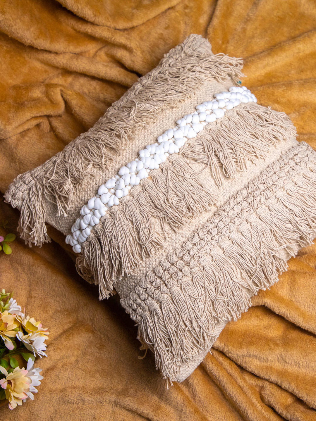 Beige And White Handloom  Square Cushion Cover