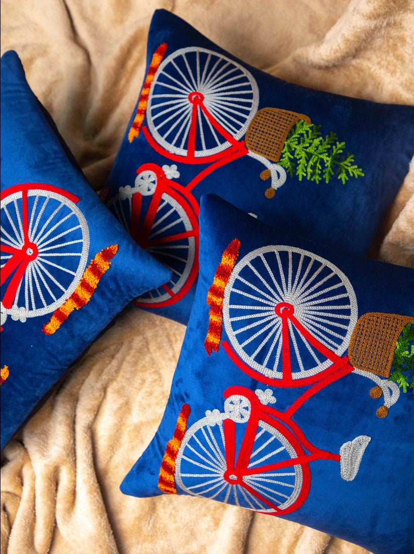 Blue And Multi Color Embroidery Square Cushion Cover