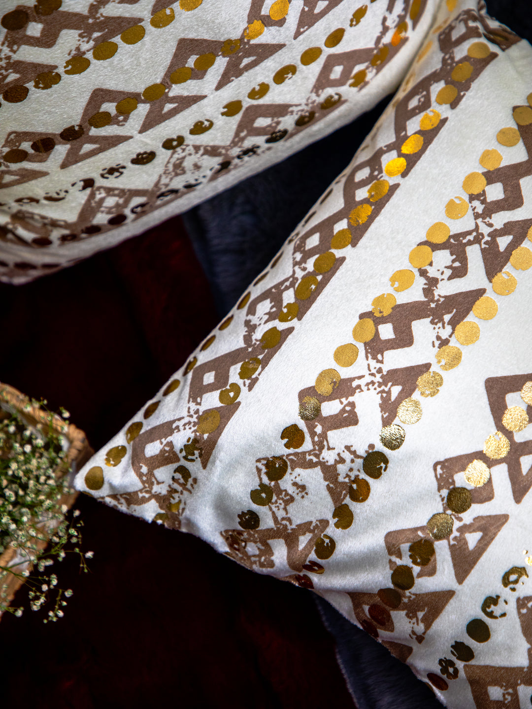 White Velvet And Brown, Golden Foil Printed Square Cushion Cover