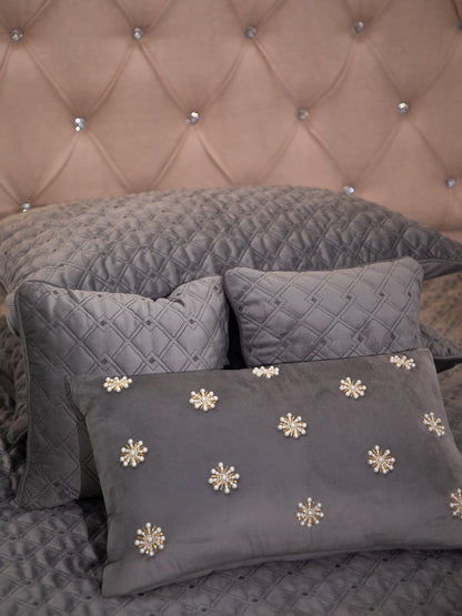 Gray Quilted Embroidered Velvet Double Bedcover With 2 Pillow Covers and 2 Cushion Covers, 1 Highlighter