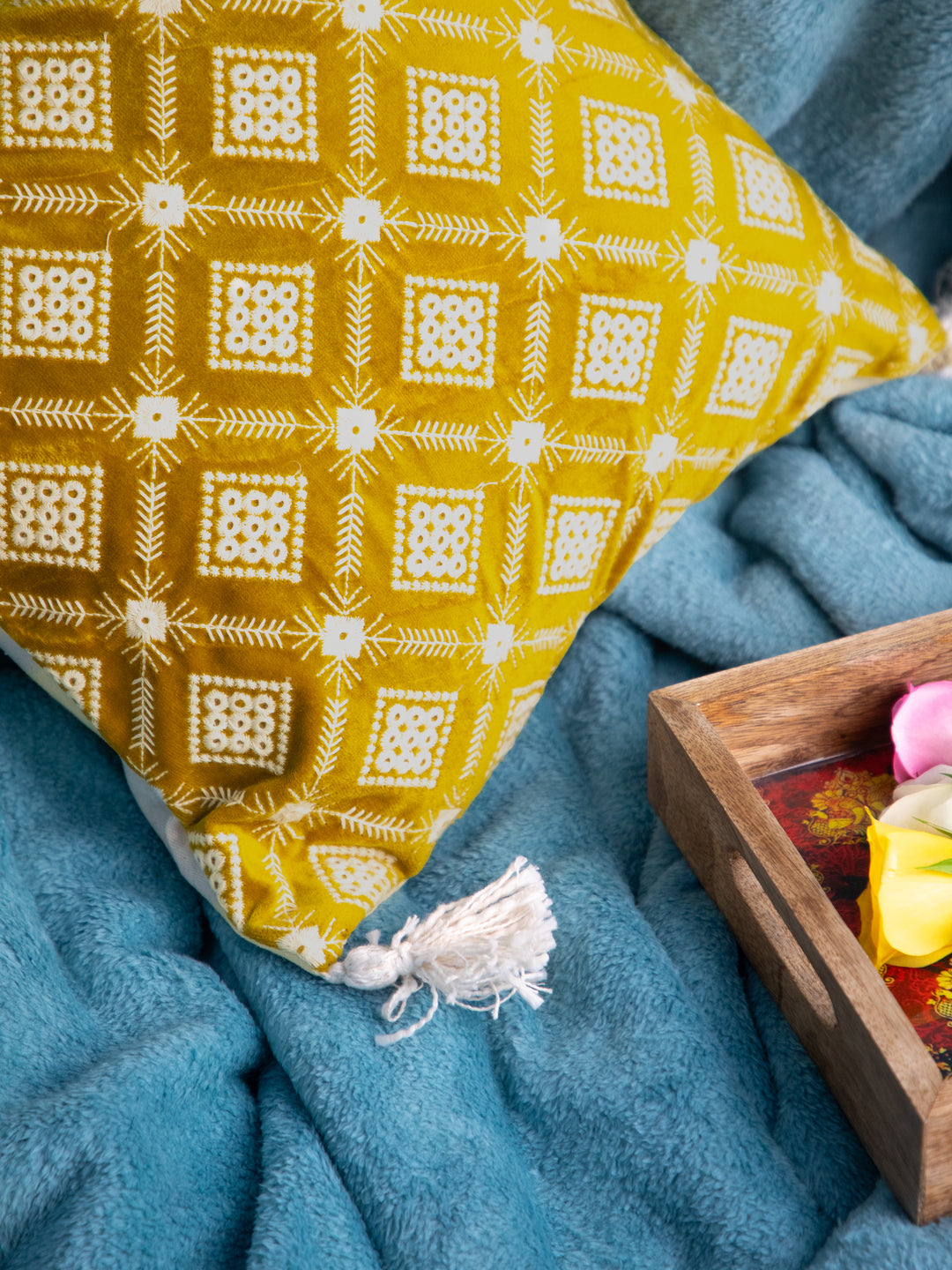 Mustard And White Square Embroidery Square Cushion Cover