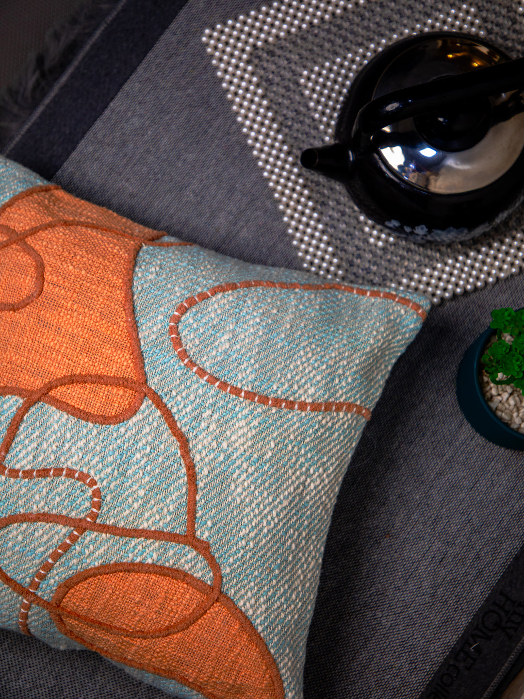 Sky Blue Jute Embroidery Square Cushion Cover