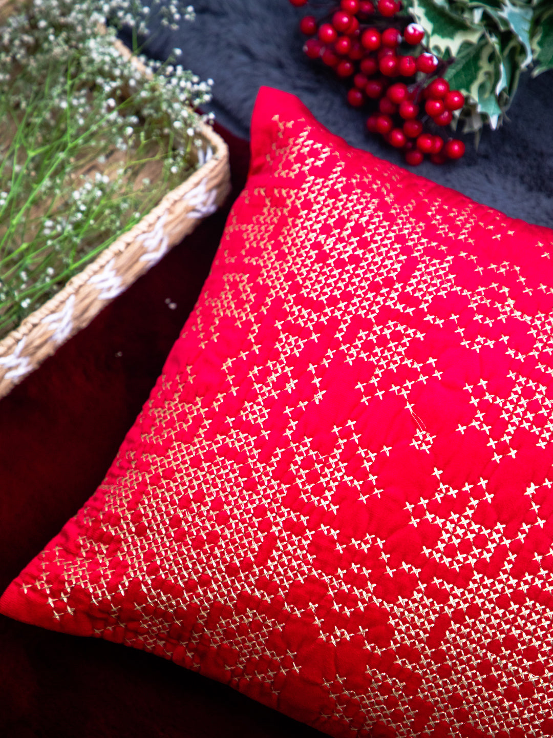 Red Velvet And Golden Embroidery Square Cushion Cover