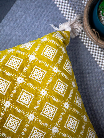 Mustard And white Velvet Embroidery Square Cushion Cover