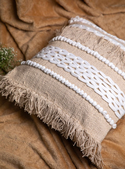 Beige And White Handloom  Square Cushion Cover