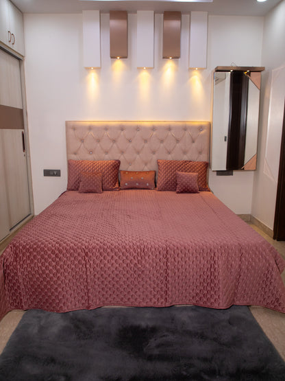 Rust Quilted Embroidered Velvet Double Bedcover With 2 Pillow Covers and 2 Cushion Covers, 1 Highlighter