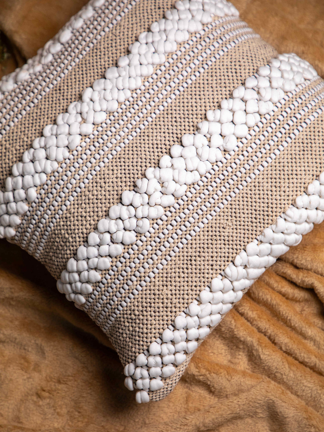 Beige And White Handloom  Square Cushion Cover