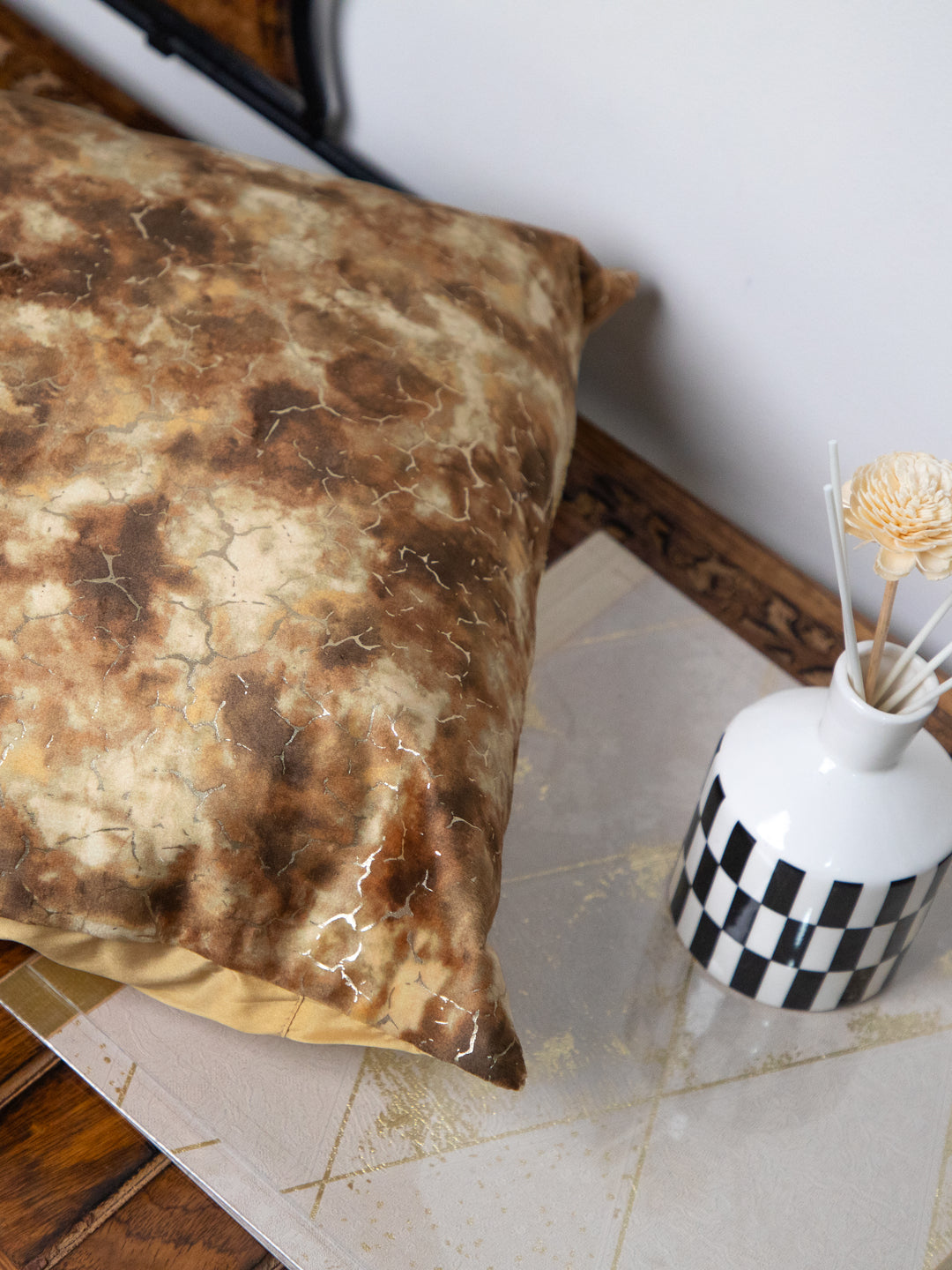 Brown Foil Printed Square Cushion Cover