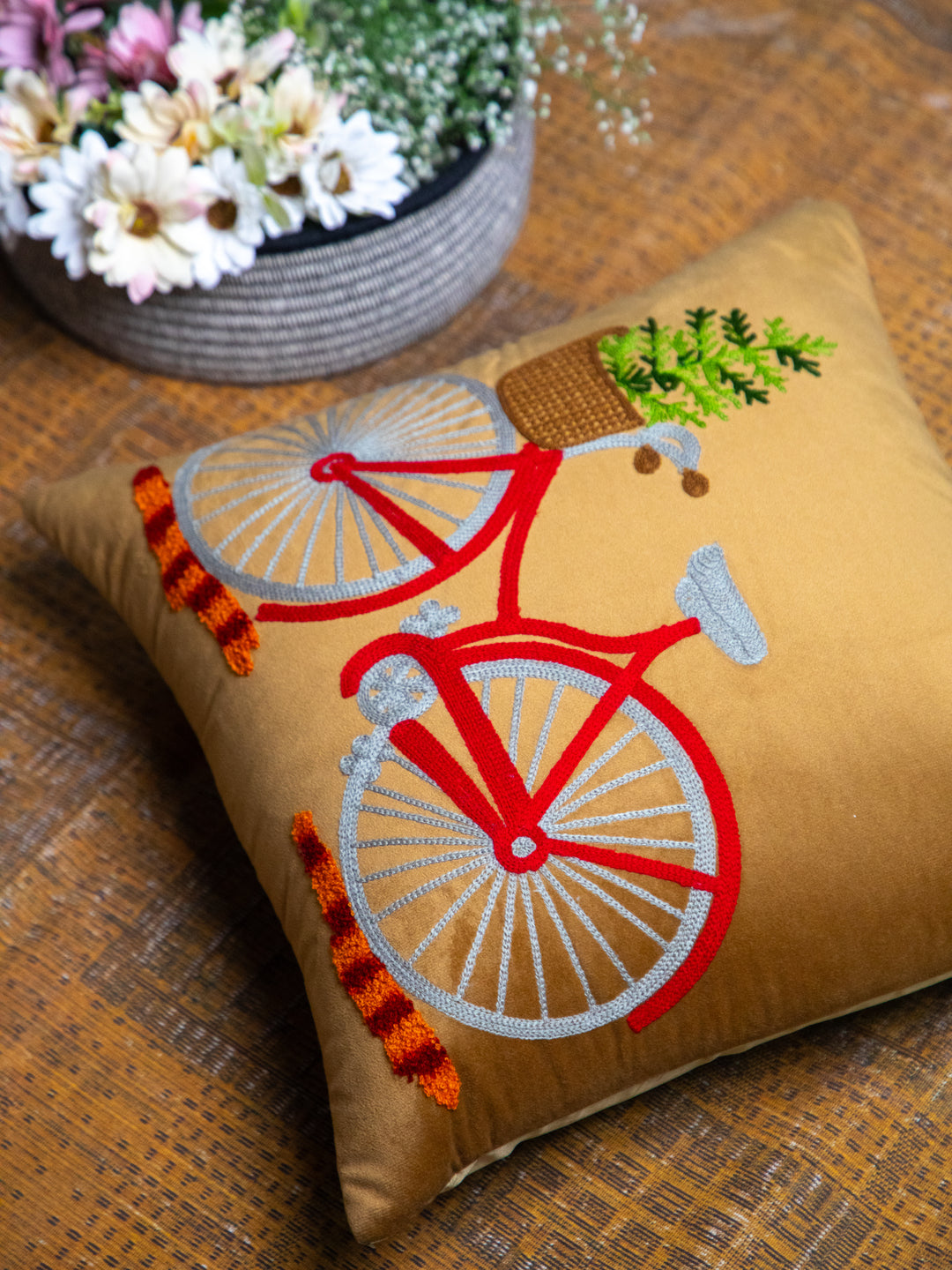 Light Brown And MultiColor Embroidery  Printed Square Cushion Cover