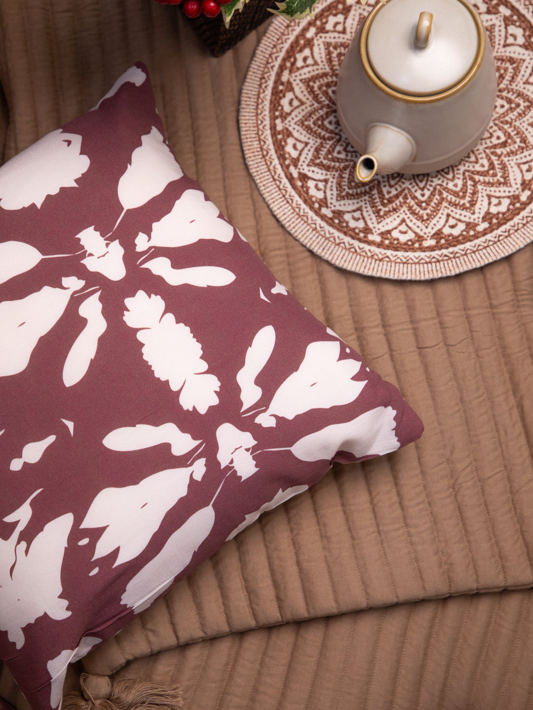 Set Off 2 Light Maroon And Peach Cotton Square Cushion Cover
