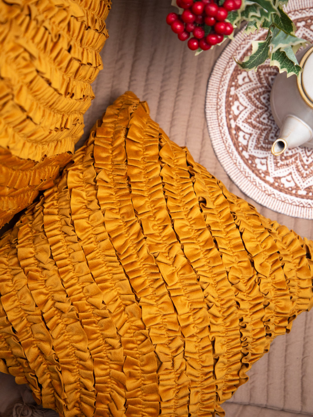 Mustard Designer Velvet Square Cushion Cover