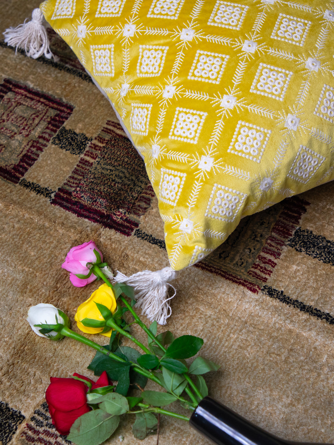 Yellow And White Square Embroidery Square Cushion Cover