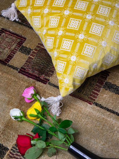 Yellow And White Square Embroidery Square Cushion Cover