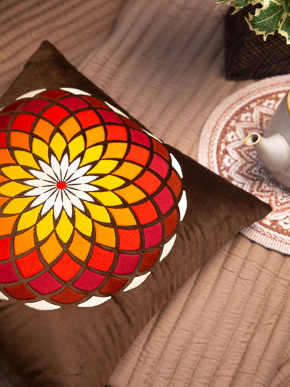 Brown Velvet And Multicolor Flower Embroidery Square Cushion Cover
