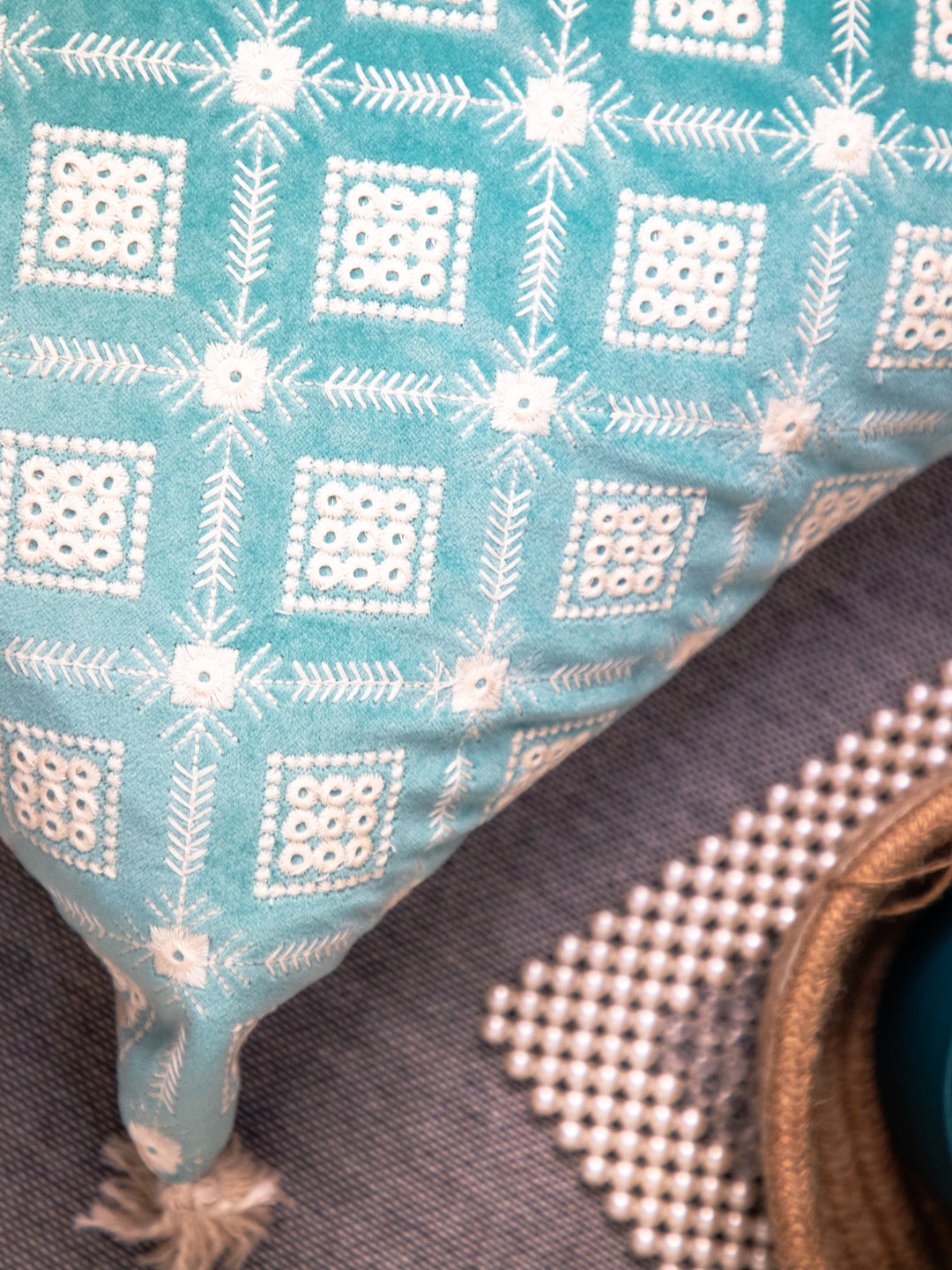 Sky Blue And white Velvet Embroidery Square Cushion Cover