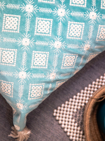 Sky Blue And white Velvet Embroidery Square Cushion Cover