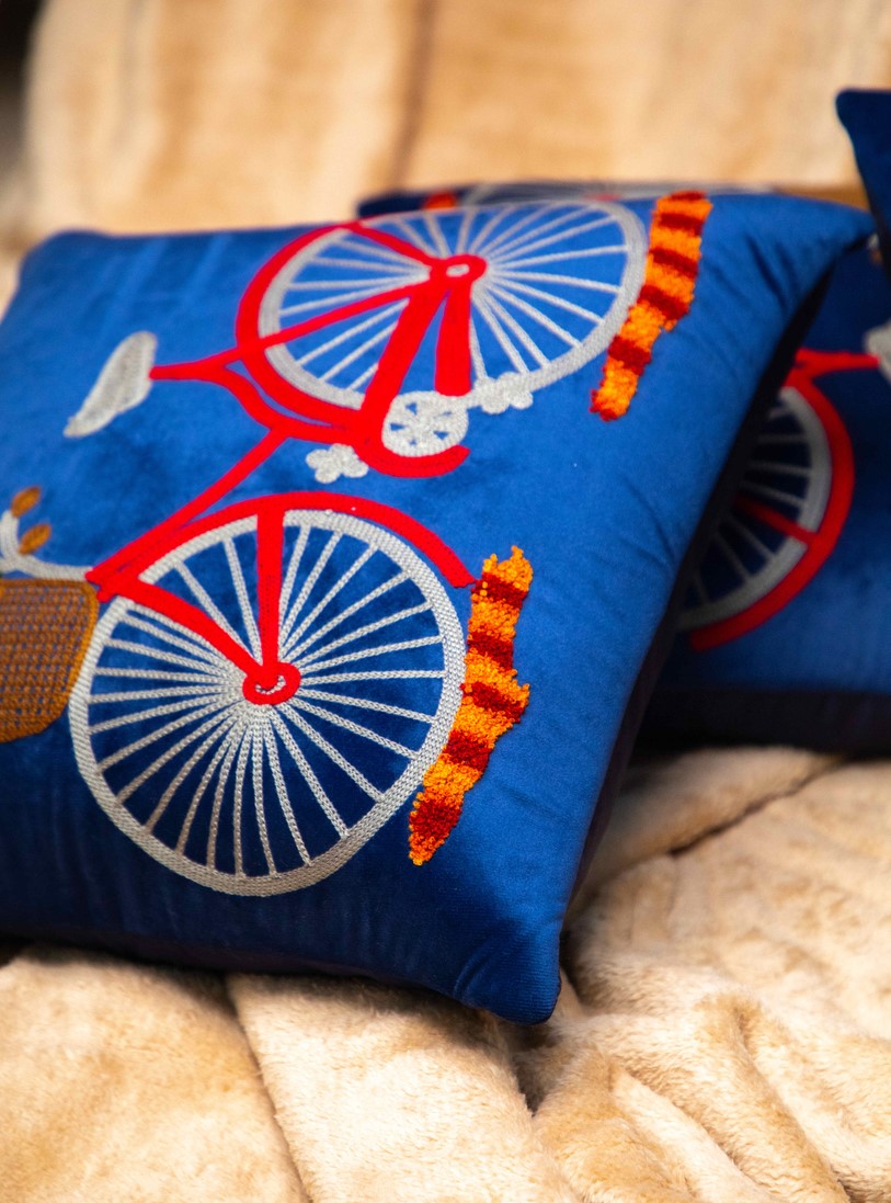 Blue And Multi Color Embroidery Square Cushion Cover