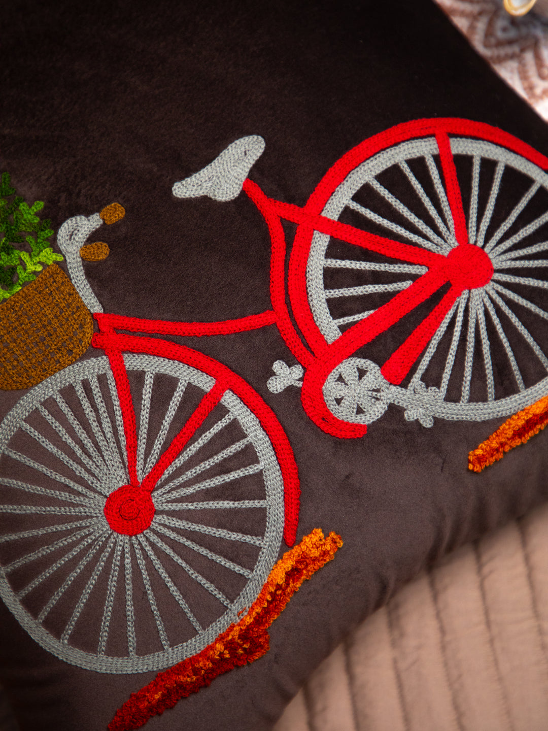 Dark Brown Velvet And Multi Color Embroidery &nbsp;Printed Square Cushion Cover