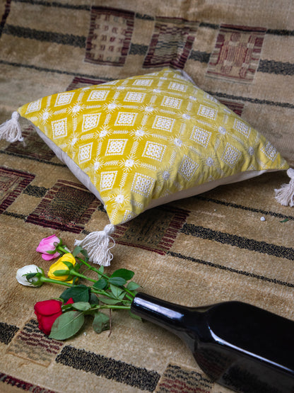 Yellow And White Square Embroidery Square Cushion Cover
