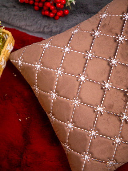 Brown Velvet And White Embroidery Square Cushion Cover