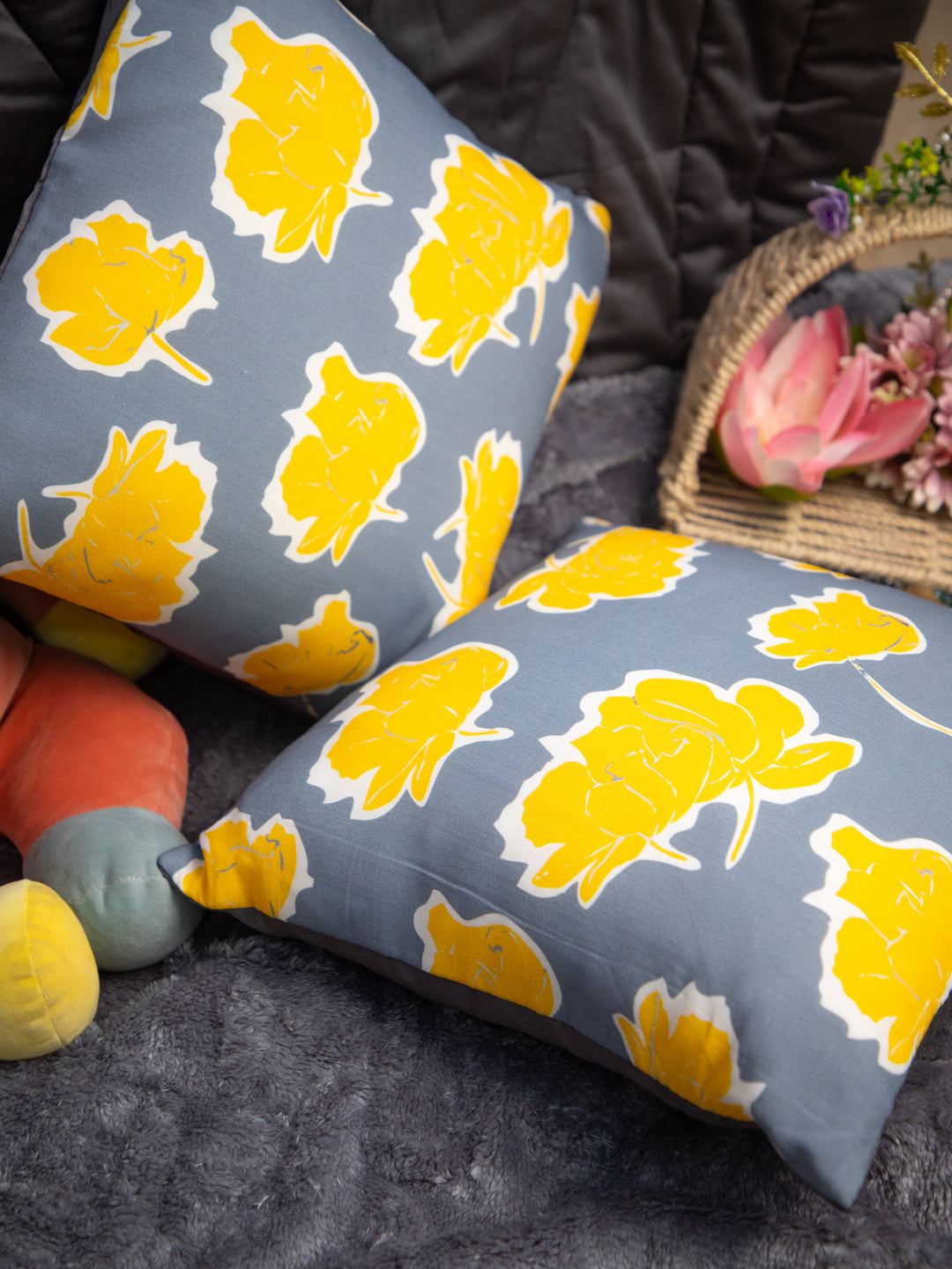 Grey &amp; Yellow Flower Print Cotton Square Cushion Cover Set of 2&nbsp;