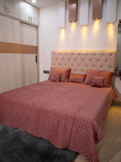 Rust Quilted Embroidered Velvet Double Bedcover With 2 Pillow Covers and 2 Cushion Covers, 1 Highlighter