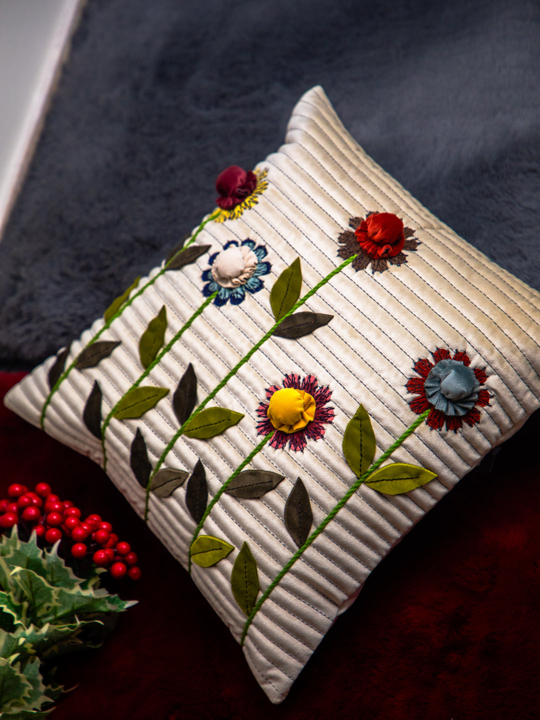 Off-white Velvet Alpik 3D Flower Square Cushion Cover