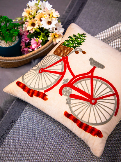 Beige Embroidery  Printed Square Cushion Cover