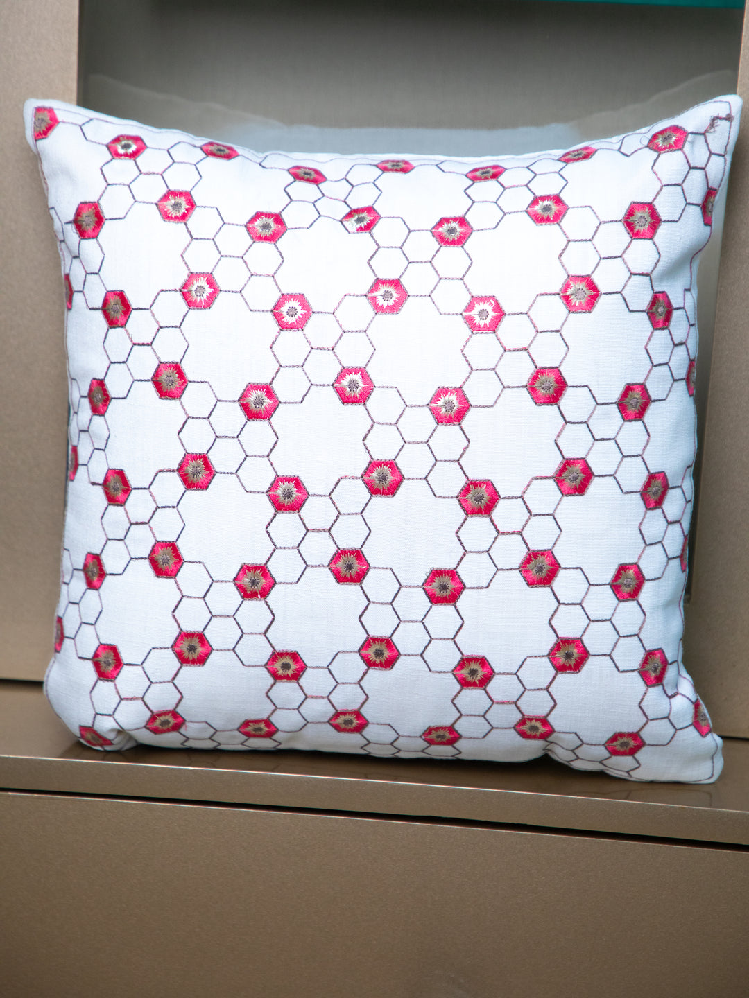 White and Red Flower Embroidery  Square Cushion Cover