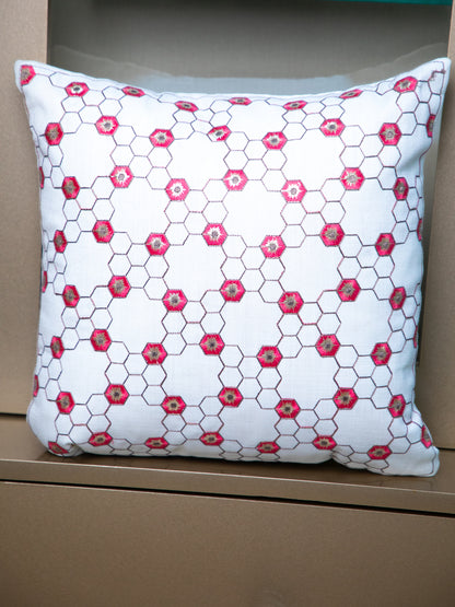 White and Red Flower Embroidery  Square Cushion Cover
