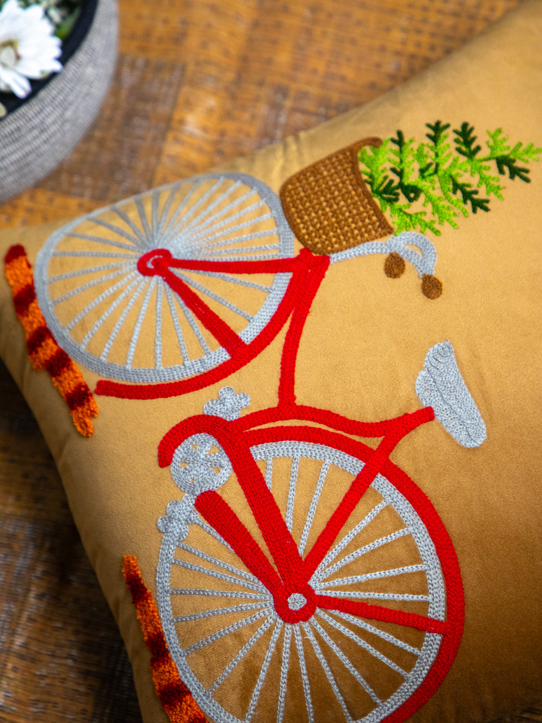 Light Brown And MultiColor Embroidery  Printed Square Cushion Cover