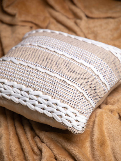 Beige And White Handloom  Square Cushion Cover