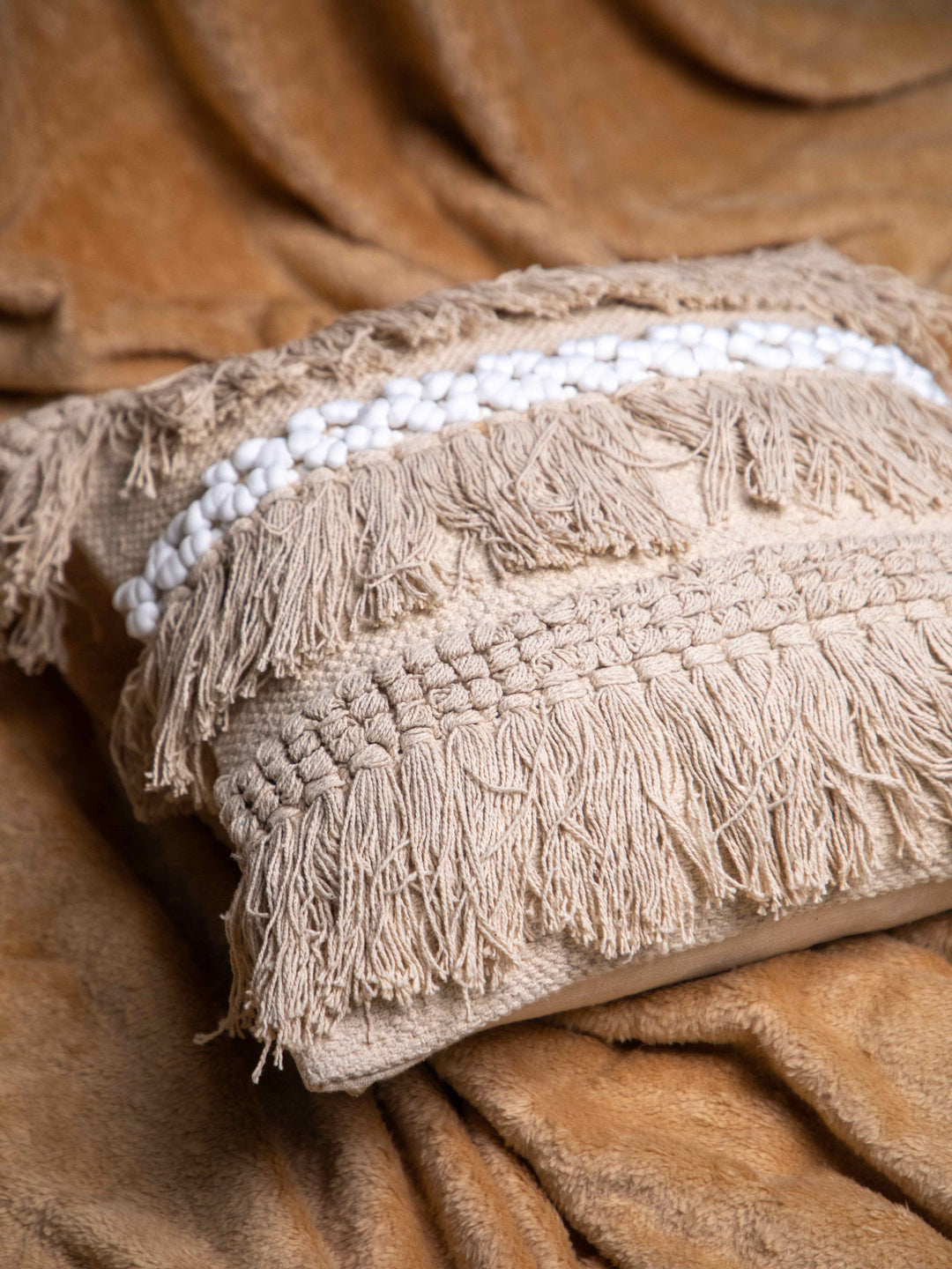 Beige And White Handloom  Square Cushion Cover