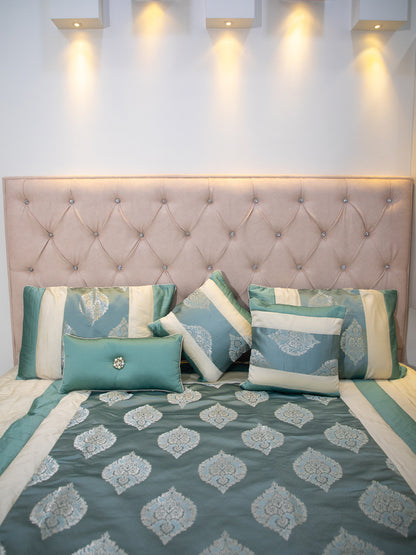 Teal Embossed Cotton Double Bedcover With 2 Pillow Covers and 2 Cushion Covers, 1 Highlighter