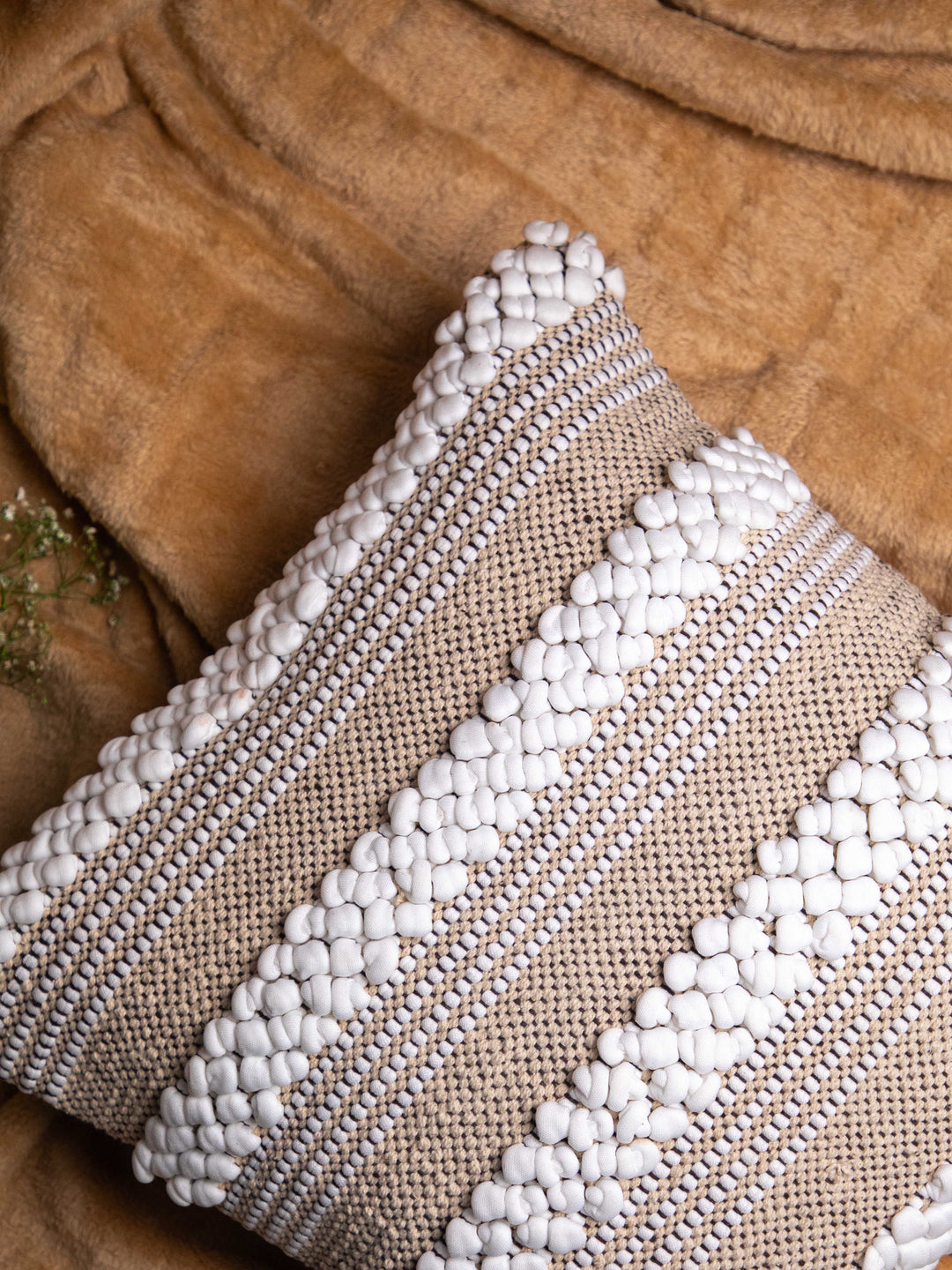 Beige And White Handloom  Square Cushion Cover