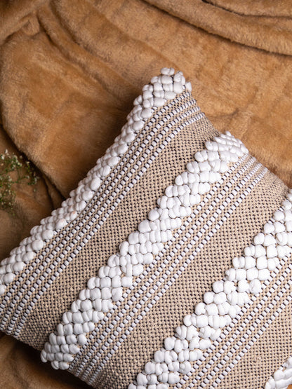 Beige And White Handloom  Square Cushion Cover