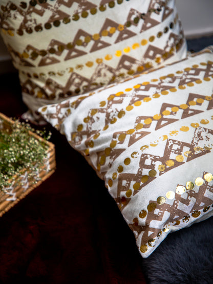 White Velvet And Brown, Golden Foil Printed Square Cushion Cover