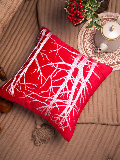 Red Velvet And White Embroidery &nbsp;Printed Square Cushion Cover