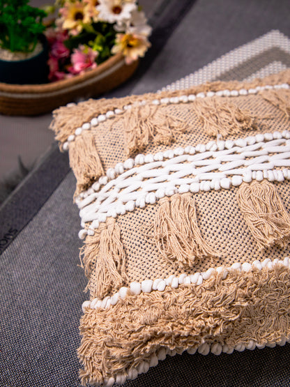 Beige And White Handloom &nbsp;Square Cushion Cover