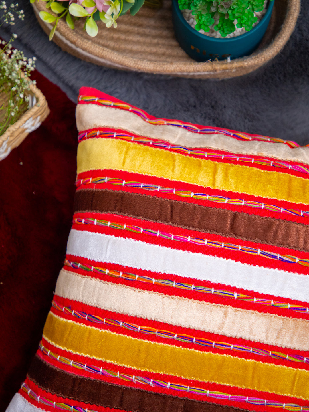 Multicolor Velvet Embroidery Square Cushion Cover