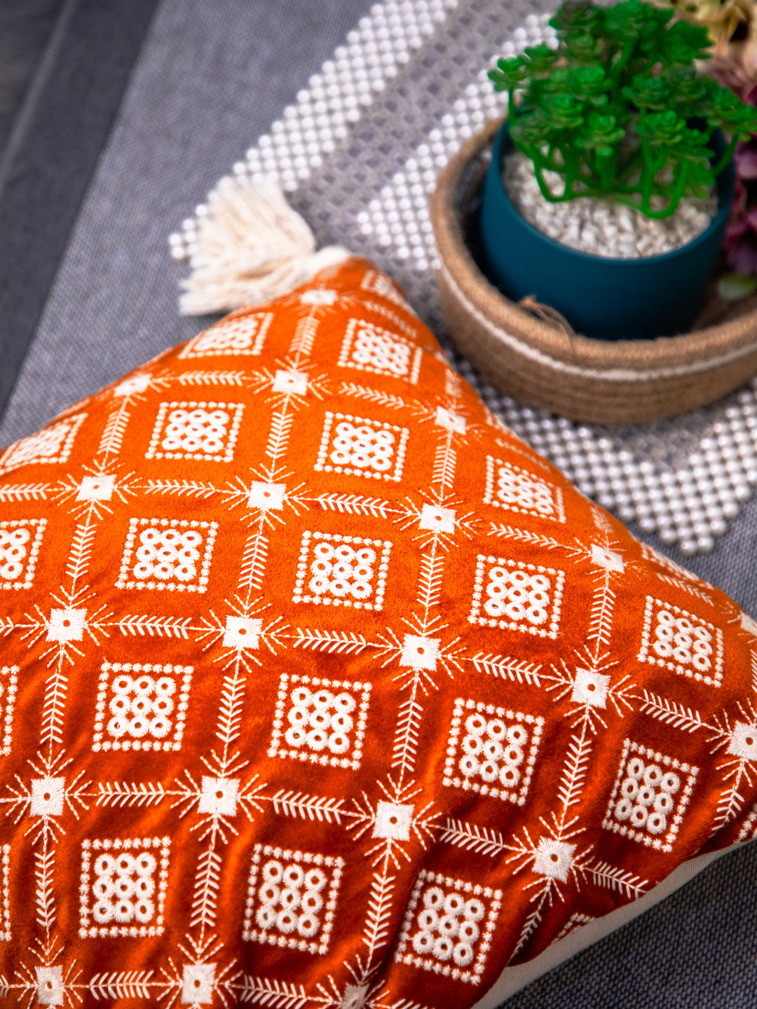 Rust Embroidery Velvet Square Cushion Cover