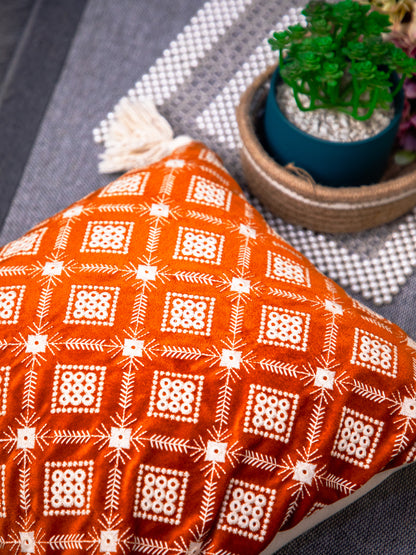 Rust Embroidery Velvet Square Cushion Cover