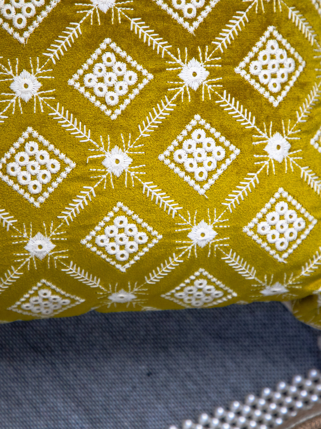 Mustard And white Velvet Embroidery Square Cushion Cover
