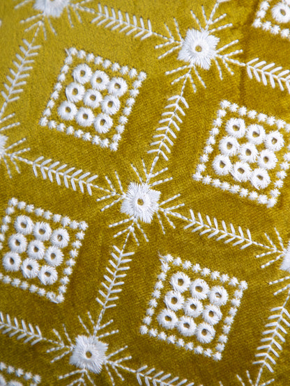 Mustard And White Square Embroidery Square Cushion Cover