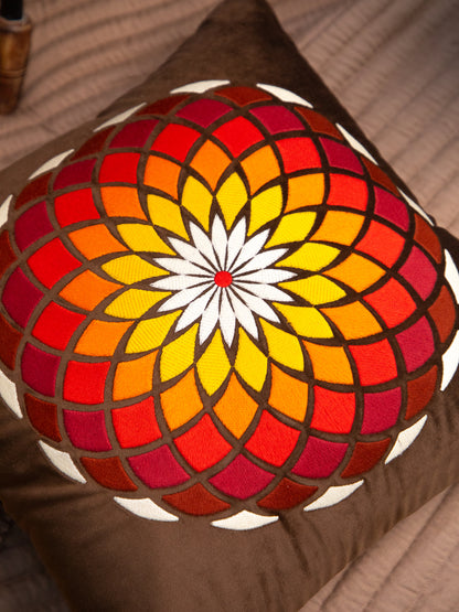 Brown Velvet And Multicolor Flower Embroidery Square Cushion Cover