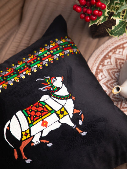 Black Velvet And Animal Print Embroidery Square Cushion Cover