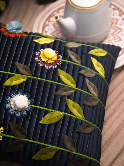 Black Velvet Aplik 3D Flower Square Cushion Cover