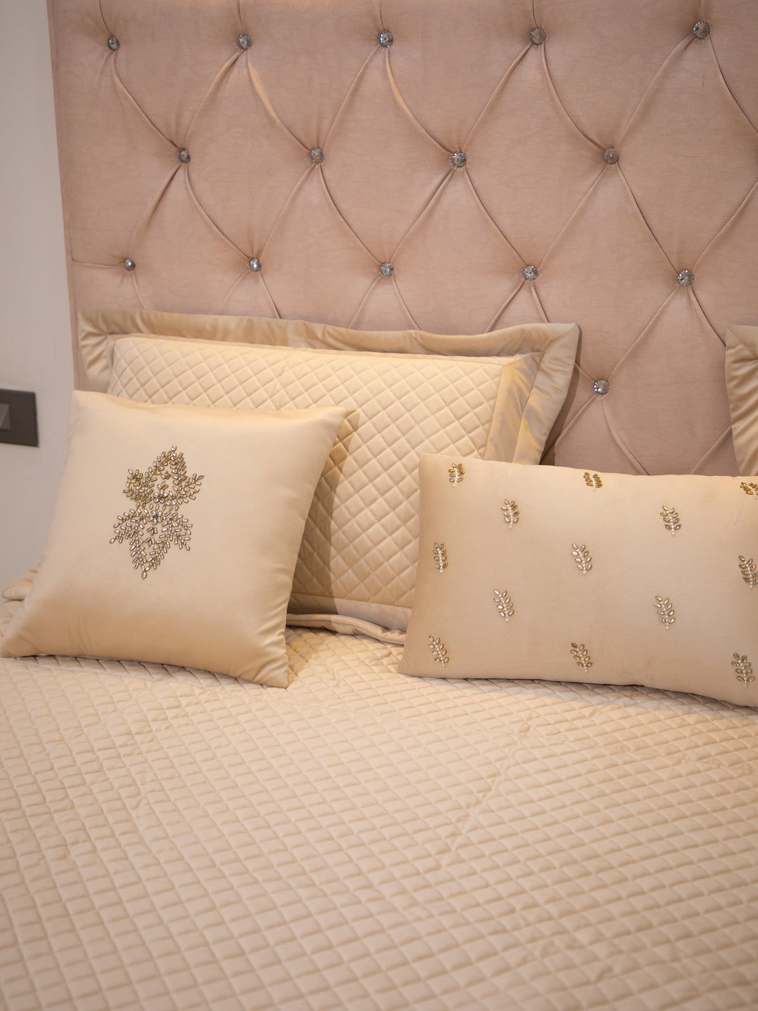 Beige Quilted Velvet Double Bedcover With 2 Pillow Covers and 2 Cushion Covers, 1 Highlighter