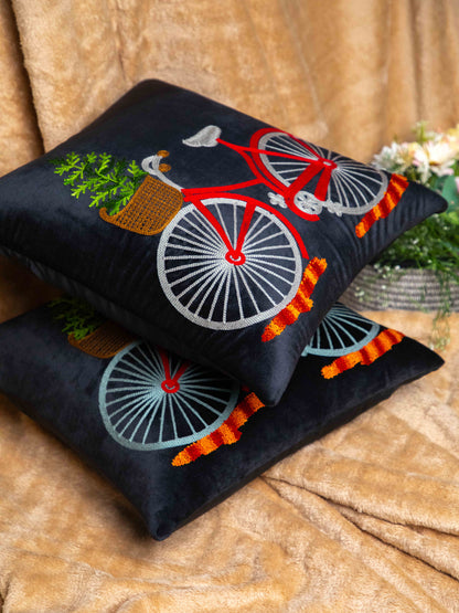 Black And  Multi Color Embroidery  Printed Square Cushion Cover